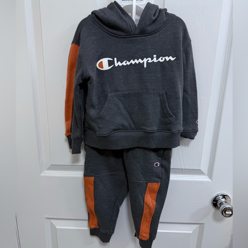Champion Gray and Orange Sweatsuit Set with White Logo, Size 4